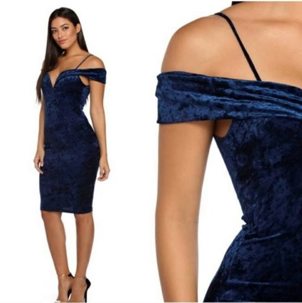 Windsor Navy Velvet Off-Shoulder Midi Dress